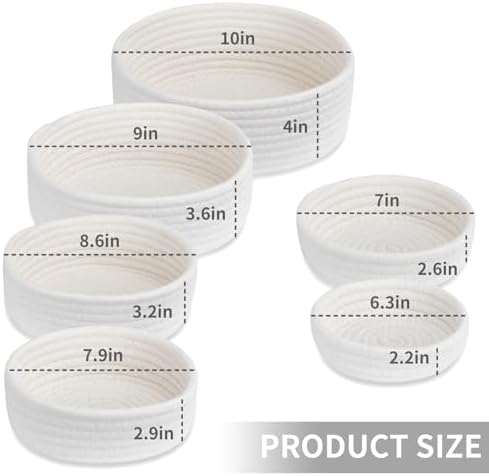 Small Shelf Storage Baskets for Organizing, 6 Pack Round Cotton Rope Bins, Decorative and Cute Woven Baskets for Bedroom and Closet, Key Tray Bowl, Home Decor Countertop Organizer (Beige)