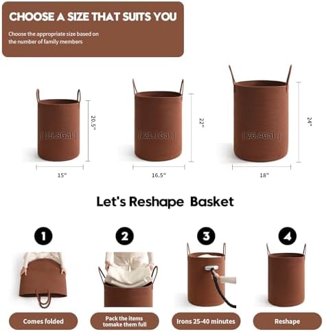 Laundry Basket Hamper Tall Rope Storage Woven for Blanket toys Dirty Clothes in Living Room Bathroom Bedroom (Dark Brown, 80L/21.3Gal)