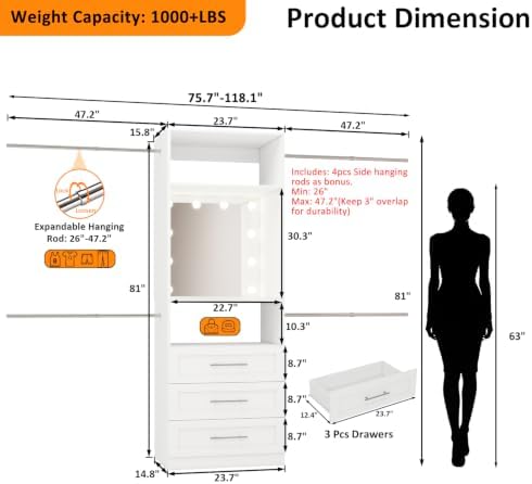 Closet System Storage with Built -In LED Mirror, 3 Light Modes, 3 Drawers, 4* Side Hanging Rods