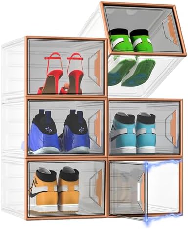 6 Pack Shoe Storage Box Organizer, Clear Thicken Stackable Plastic Shoe Boxes with Magnetic Door, Sturdy Shoe Containers for Sneakers Boots, Easy to Assemble, Fit up to US Size 12(13.2"×10.6"×7.5")