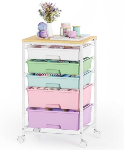 SYKIARIOL 5-Tier Rolling Cart with Drawers with Wooden Top, Ice Cream