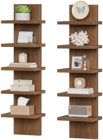 HOOBRO 5 Tier Wall Shelf Unit for Storage, 2 Pack Floating Shelves for Wall | Wall Mounted Shelves, Vertical Display Shelf, Organizer Tall Tower Design for Livingroom Bedroom Kitchen, Walnut WL18BJP201