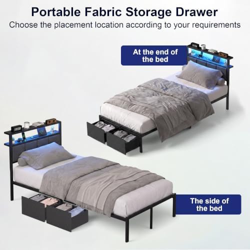 Twin Bed Frame with Storage Drawers, Charging Station and LED Lights, Upholstered Headboard with 2-Tier Shelves, Heavy Duty Metal Slats, No Box Spring Needed, Noise Free, Easy Assembly
