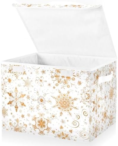 senya Christmas Baskets Collapsible Storage Bins with Lids, Seamless Gold White Snowflakes Storage Boxes Clothes Baskets for Organizing