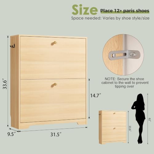 Nicetree Shoe Cabinet with 2 Flip Drawers, Entryway Storage, Natural Oak