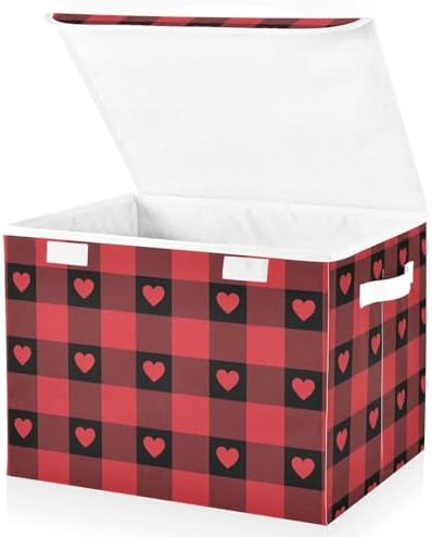 senya Valentines Storage Baskets Collapsible Storage Bins with Lids, Red Buffalo Check Gingham Love Heart Storage Boxes Clothes Baskets for Organizing