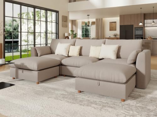 WorthFurni Oversized Modular Sectional Sofa,111" U Shape Sectional Cloud Couch with Storage Ottoman,Comfty 5 Seat Modular Sofa for Living Room,Sand Chenille