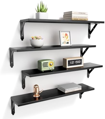 ROMGUAR CRAFT Wood Floating Shelves Set of 4, Rustic Storage Decor Wall Shelves, Wall Mounted Shelf for Living Room, Bedroom 23.6" x 6", Black