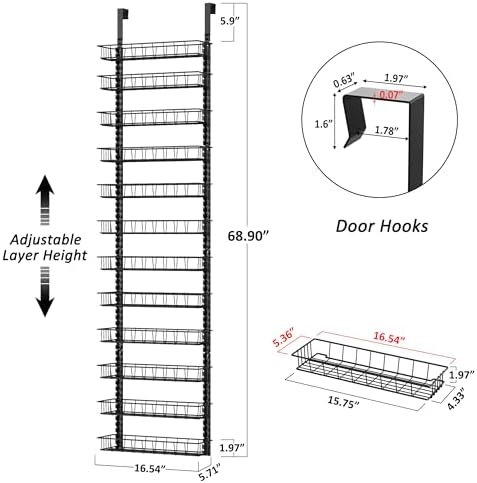 Churboro 12 Tier Over Door Pantry Organizer, 2-in-1 Adjustable Spice Rack | Pantry Door Organizers and Storage, Hanging or Wall Mount Spice Rack, Sturdy Metal Shelves with 12 Adjustable Baskets, Black