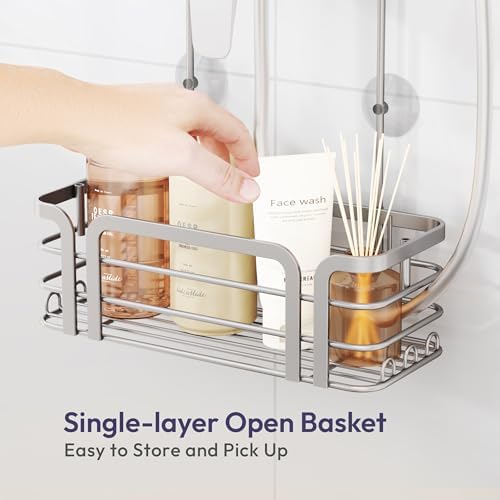 SWTYMIKI Shower Caddy Hanging Organizer - Over the Door Shower Caddy with 6 Hooks, 2 Installation Ways, Stainless Steel Rustproof Bathroom Organizer, Sand Nickel
