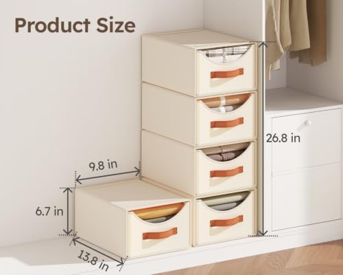 Homsorout Stackable Storage Drawers - Collapsible Storage Bins with Drawers, 4 Pack Closet Shelf Organizer Basket, Fabric Pull Out Organizer for Bedroom, Living Room, Dorm, Beige