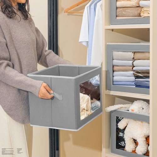 Homsorout Stackable Storage Bins with Lids - Large Decorative Basket with Lids, Fabric Foldable Closet Organizer Bins, Shelf Organizer for Living Room, Dorm, 5 Pack, Grey