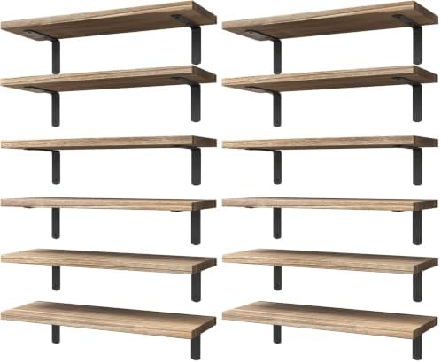 WOPITUES Wood Floating Shelves Set of 6, Shelves for Wall Decor, Farmhouse Shelf for Bedroom, Bathroom Storage Shelves, Book Shelves for Living Room - Rustic Brown (Pack of 2)