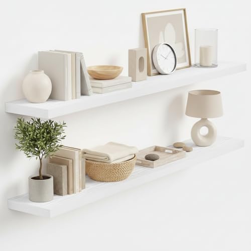 Vivelove Floating Shelves 9 inch Deep 48”Long Set of 2, White | Easy Install With Hardware, 1.5" Thick, Invisible Brackets, Wall Mounted, No Sagging, For Any Room