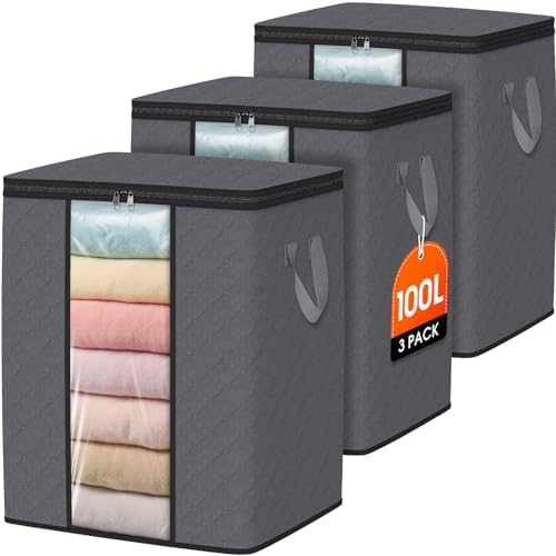 SpaceWhisper 3 Pack 100L Clothes Storage, Foldable Storage Bags, Grey