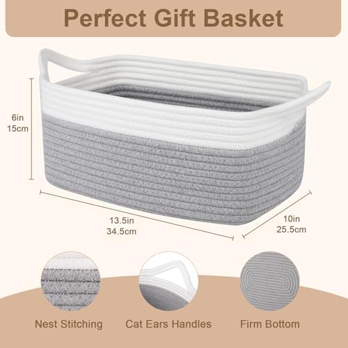 OIAHOMY Woven Basket, Gift Basket Empty with Gift Bags and Ribbons, Rope Baskets for Baby Showers, Storage Baskets with Handles for Nursery, Pet Toy Organizer - Grey & White