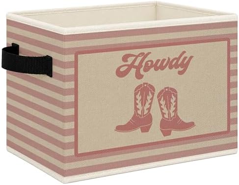 Pink Western Howdy Foldable Storage Bins Box with Handles, Cowgirl Boots Western Nursery Striped Collapsible Toys Books Clothes Organizer Basket for Girl Nursery Room Bedroom Bathroom