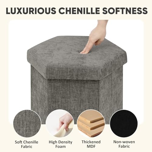 PINPLUS Chenille Hexagon Storage Ottoman, Foldable Upholstered Footstool with Lid, Soft Durable Seat Stool, 220LBS Capacity for Living Room Bedroom Entryway Grey