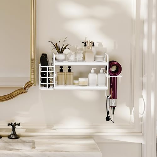 3-in-1 Wall Mounted Hair Dryer Holder with 2 Tier Shelves & Detachable Basket, Space Saving Organizer for Bathroom, Kitchen, Bedroom, Rust-Resistant, Easy Install (White)
