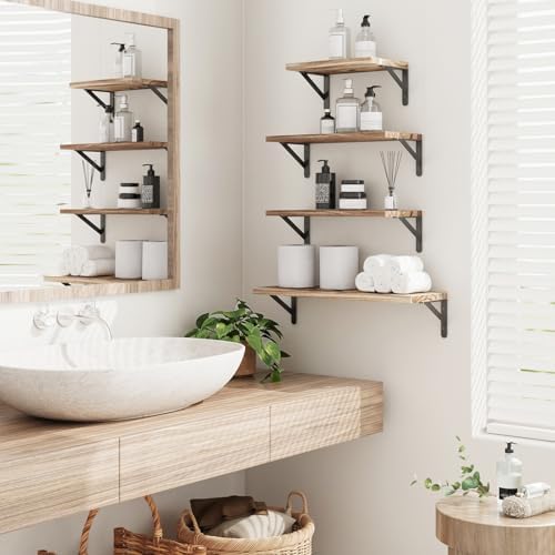 YGEOMER 4 Different Sizes Floating Shelves for Wall Decor, Light Brown | Rustic wood shelves in mixed sizes for flexible combined storage. Fits bathroom, kitchen, living room, bedroom and office.