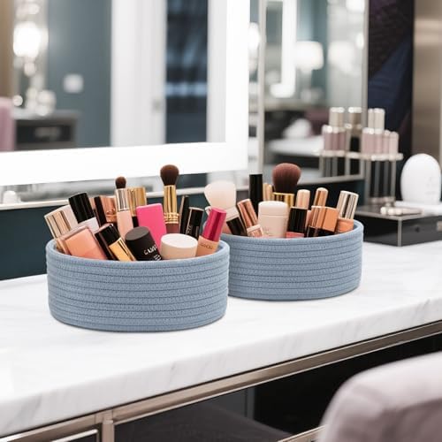 Small Shelf Storage Baskets for Organizing, 6 Pack Round Cotton Rope Bins, Decorative and Cute Woven Baskets for Bedroom and Closet, Key Tray Bowl, Home Decor Countertop Organizer (Blue)