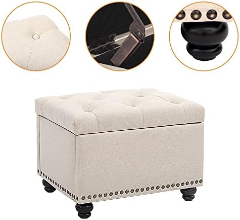 CangLong 24 Inch Tufted Lift Top Storage Ottoman Bench, Linen Foot Rest Stool with Foam Padded Seat, End of Bed Bench & Shoe Bench for Bedroom Living Room Entryway, Easy Assembly, Beige