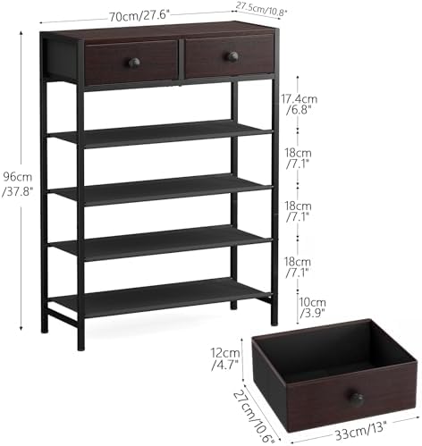 5 Tier Shoe Rack with Drawers, Metal & Wood Shelf Dark Brown