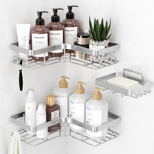 Sakugi Corner Shower Caddy, Large, 2-Pack, Soap Holder & Hooks, Silver | Bathroom, Kitchen, Laundry Room, Organizers and Storage, Rustproof Metal, Wall Mounted, Shower Organizer, Shower Shelves