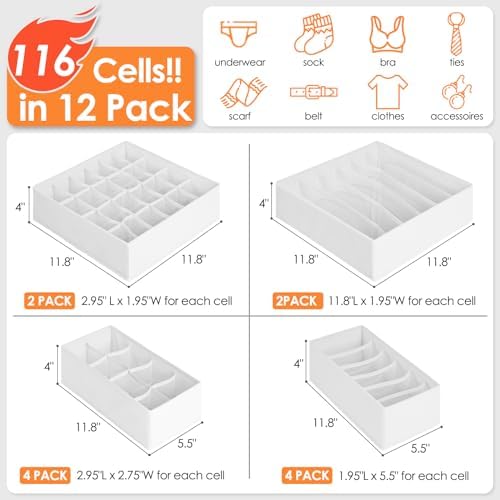 12 Pack Drawer Organizers for Clothing, 116 Large Compartments Fabric Dresser Closet Organizers and Storage Bins for Baby Clothing, Women Men Underwear Socks, Bra, Ties, College Dorm Room Essentials