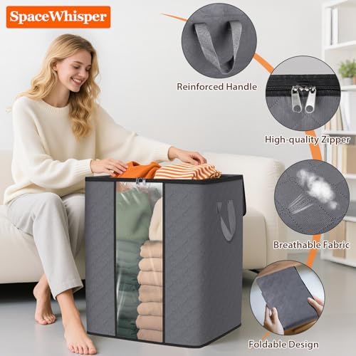 SpaceWhisper 3 Pack 100L Clothes Storage, Foldable Storage Bags, Grey
