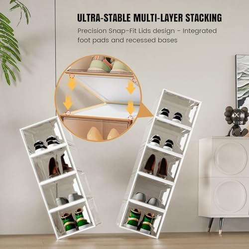 6 Pack Shoe Storage Box Organizer, Clear Thicken Stackable Plastic Shoe Boxes with Magnetic Door, Sturdy Shoe Containers for Sneakers Boots, Easy to Assemble, Fit up to US Size 12(13.2"×10.6"×7.5")