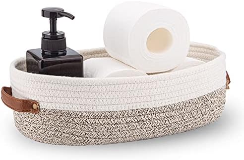 Woven Storage Basket for Toilet Tank Top,Farmhouse Home Decor Organizing Basket for Bathroom,Table and Counter 13"x5.9"x4" Apricot Stitching White