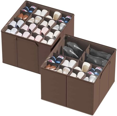 SpaceAid Shoe Organizer for Closet, 2 Pack Foldable Shoe Storage Containers Baskets Boxes Bins w/Adjustable Dividers, Fits 16-32 Pairs, Brown