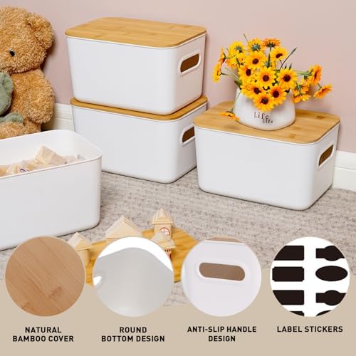 Citylife 7 QT Storage Bins with Bamboo Lids, Stackable with Handles, 2-Pack | Small White Organizer Boxes for toys, desk supplies, snacks, shelves, White PP5 Plastic, GRS Certified