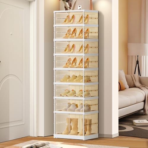 EHAMILY 8-Tier Foldable Shoe Rack Organizer with Doors, 16 Pairs, White