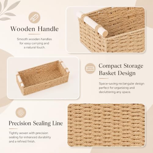 Woven Paper Rope Toilet Paper Basket with Wooden Handles - Rectangular Basket Organizer for Bathroom, Storage Basket for Towels, Diffuser (Beige, 2PACK-13.8" L x 5.7" W x 3.9" H)