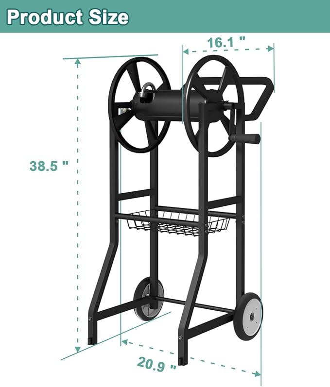 Artigarden Garden Hose Reel Cart with Wheels, Outdoor Heavy Duty Powder Coated Steel Water Winder Storage Holds 125 ft 5/8" Hoses with 3.9ft Leader Hose and Basket for Backyard, Yard, Lawn, Black
