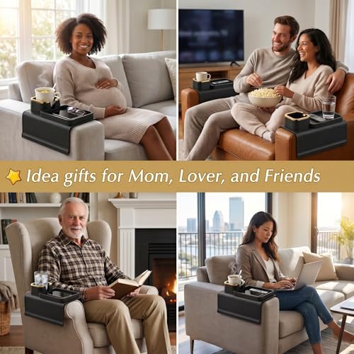 Silicone Recliner Cup Holder & Couch Caddy | Weighted Recliner Arm Caddy Tray, Anti-Spill Armchair Caddy with Cup Holder, Fits Flat Arms 6"+, Black