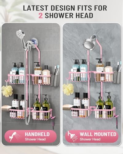 Adjustable Shower Caddy Hanging for Handheld Showerheads - Never Rust Shower Hanging Organizer, Upgraded Bathroom Shower Rack with Soap Basket, Hooks and Toothbrush Holder (Pink)