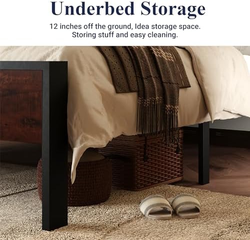 Allewie King Size Bed Frame, Heavy Duty 12 Metal Slats Support, Mahogany