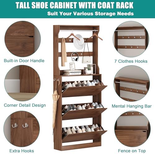 Shoe Cabinet for Entryway with 3 Flip Drawers, Walnut Tall Wood Shoe Storage Cabinet with Coat Rack, Narrow Hidden Slim Freestanding Shoe Rack Organizer, 2 in 1 Hall Tree for Living Room, Hallway