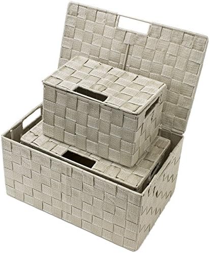 Sorbus Storage Basket with Lid, 3-Piece Woven Set for Shelves (Beige)