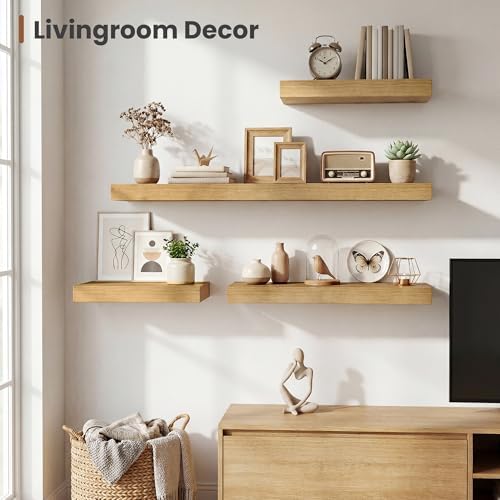 Vivelove Deep Floating Shelves 72x12” Set of 1, Oak | Easy Install With Hardware, 2" Thick, Invisible Brackets, Wall Mounted, No Sagging, For Any Room