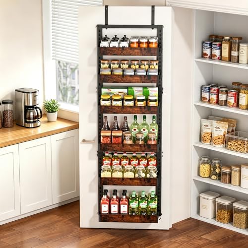 BUKFEN 6-Tier Over the Door Pantry Organizer, Adjustable Basket Spice Rack | 2-IN-1 Door & Wall Mounted, Heavy Duty Metal Storage Shelf,12 Hooks, Back of Door Organizer for Kitchen, Bathroom, Closet