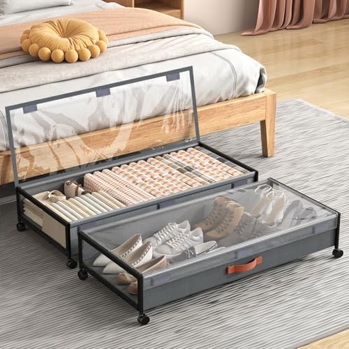 Under Bed Storage Containers with Wheels Large Underbed Shoes Blankets Clothes Toy Storage Drawers for College Dorms Bedrooms Nursery Rooms Organization (Grey 2 Pack, 7.5in height(36"x16.6"x7.48"))