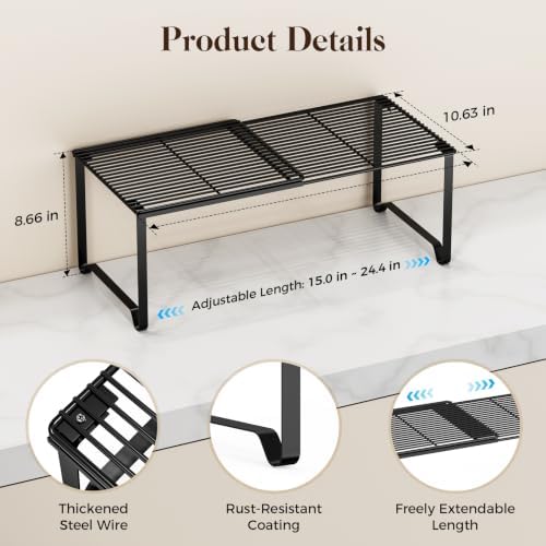 Extendable Metal Wire Shelf Organizer - Adjustable 15-24.4in Length, Stackable Storage Rack for Kitchen/Pantry/Bathroom/Shoe Cabinet/Tool Closet (2,Black)