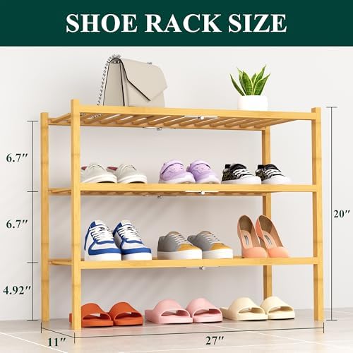 Smiry Bamboo Shoe Rack, 14 Vertical Slats, 3 Tier - 26.8" Wide, Natural
