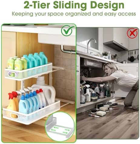 Under Sink Organizer 2-Pack, Metal 2-Tier Pull-Out Cabinet Shelf with Slide-Out Mesh Drawers, Height Adjustable, Space-Saving Under Sink Storage Racks for Kitchen, Bathroom, Laundry Room, White