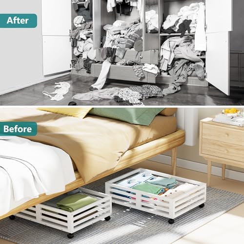 Bamboo Under Bed Storage with Wheels Rolling Underbed Drawer with Lids