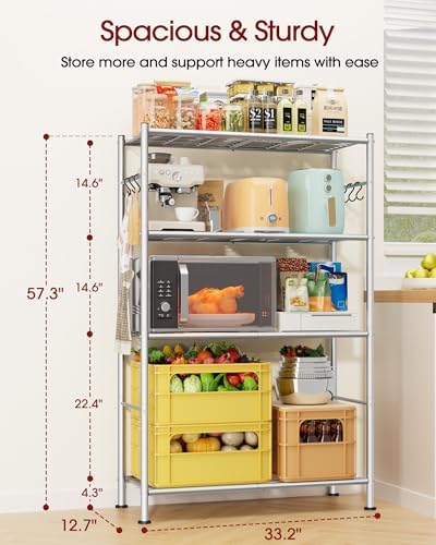 Sakugi Storage Shelves - 4-Tier Spacious Shelf Organizer with Hooks & Leveling Feet, Easy to Assemble, Rust-Resistant Garage Shelving for Kitchen, Pantry, Bedroom, 33.2" x 12.7" x 57.3", Sliver